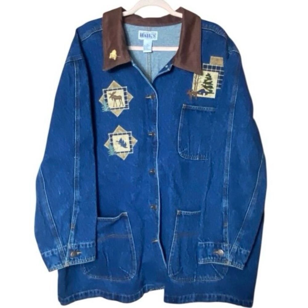 Haik’s 3X Denim Barn Jacket Rustic Cabin Embroidered Moose Tree Scene Vintage